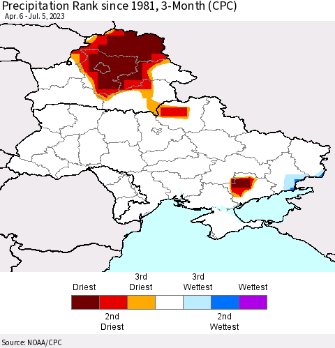 Ukraine, Moldova and Belarus Precipitation Rank since 1981, 3-Month (CPC) Thematic Map For 4/6/2023 - 7/5/2023