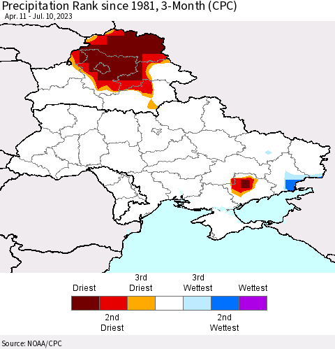 Ukraine, Moldova and Belarus Precipitation Rank since 1981, 3-Month (CPC) Thematic Map For 4/11/2023 - 7/10/2023