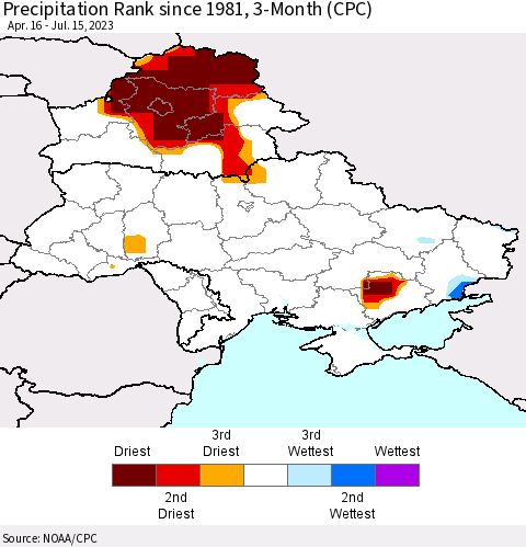 Ukraine, Moldova and Belarus Precipitation Rank since 1981, 3-Month (CPC) Thematic Map For 4/16/2023 - 7/15/2023