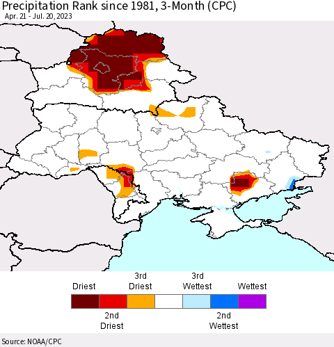 Ukraine, Moldova and Belarus Precipitation Rank since 1981, 3-Month (CPC) Thematic Map For 4/21/2023 - 7/20/2023