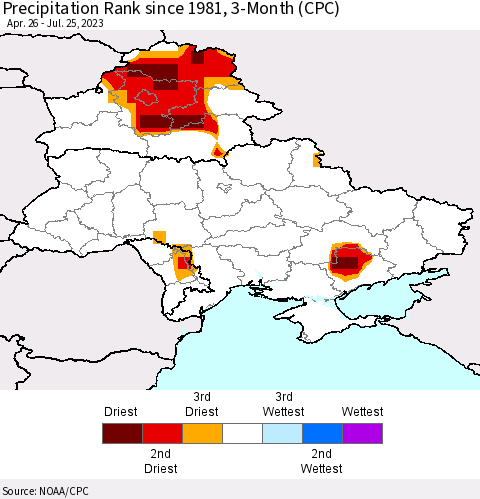 Ukraine, Moldova and Belarus Precipitation Rank since 1981, 3-Month (CPC) Thematic Map For 4/26/2023 - 7/25/2023