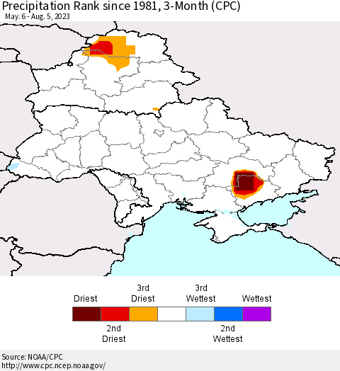Ukraine, Moldova and Belarus Precipitation Rank since 1981, 3-Month (CPC) Thematic Map For 5/6/2023 - 8/5/2023