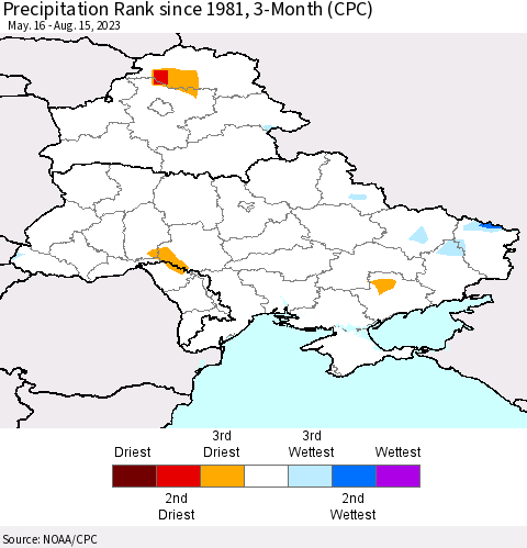 Ukraine, Moldova and Belarus Precipitation Rank since 1981, 3-Month (CPC) Thematic Map For 5/16/2023 - 8/15/2023