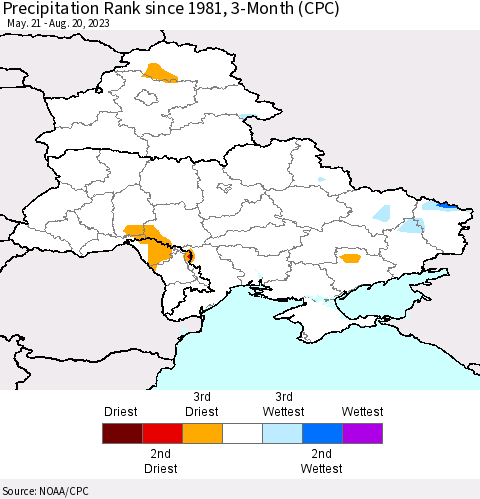 Ukraine, Moldova and Belarus Precipitation Rank since 1981, 3-Month (CPC) Thematic Map For 5/21/2023 - 8/20/2023