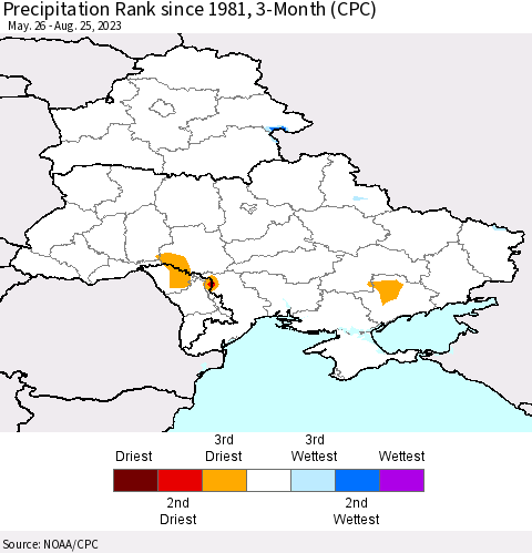 Ukraine, Moldova and Belarus Precipitation Rank since 1981, 3-Month (CPC) Thematic Map For 5/26/2023 - 8/25/2023