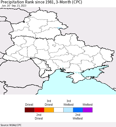 Ukraine, Moldova and Belarus Precipitation Rank since 1981, 3-Month (CPC) Thematic Map For 6/16/2023 - 9/15/2023