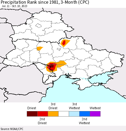 Ukraine, Moldova and Belarus Precipitation Rank since 1981, 3-Month (CPC) Thematic Map For 7/11/2023 - 10/10/2023