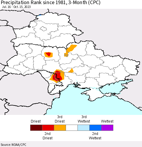 Ukraine, Moldova and Belarus Precipitation Rank since 1981, 3-Month (CPC) Thematic Map For 7/16/2023 - 10/15/2023