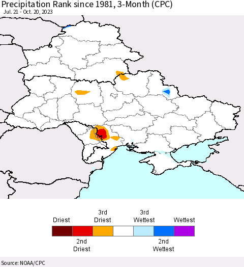Ukraine, Moldova and Belarus Precipitation Rank since 1981, 3-Month (CPC) Thematic Map For 7/21/2023 - 10/20/2023