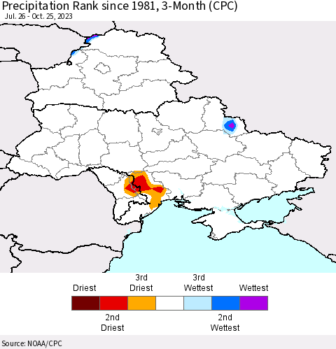 Ukraine, Moldova and Belarus Precipitation Rank since 1981, 3-Month (CPC) Thematic Map For 7/26/2023 - 10/25/2023
