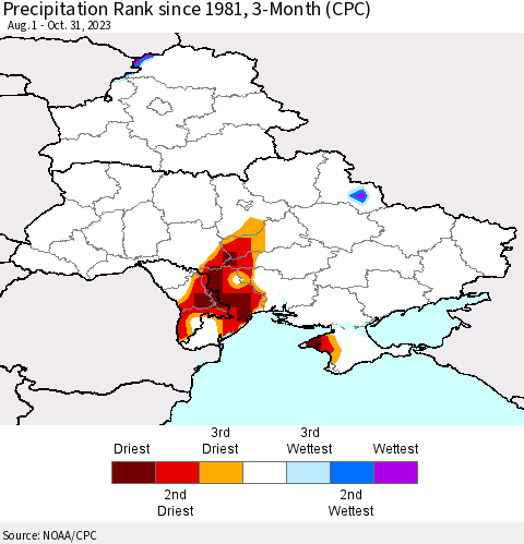 Ukraine, Moldova and Belarus Precipitation Rank since 1981, 3-Month (CPC) Thematic Map For 8/1/2023 - 10/31/2023