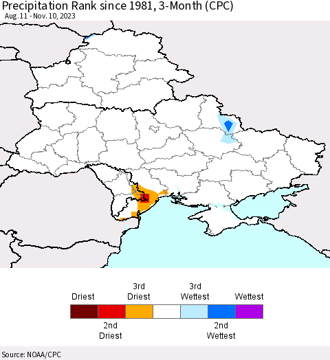 Ukraine, Moldova and Belarus Precipitation Rank since 1981, 3-Month (CPC) Thematic Map For 8/11/2023 - 11/10/2023