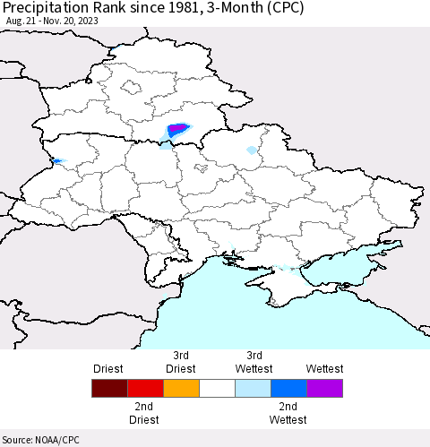 Ukraine, Moldova and Belarus Precipitation Rank since 1981, 3-Month (CPC) Thematic Map For 8/21/2023 - 11/20/2023