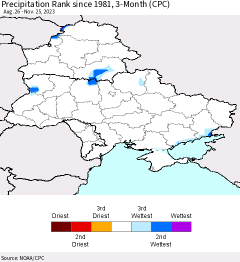 Ukraine, Moldova and Belarus Precipitation Rank since 1981, 3-Month (CPC) Thematic Map For 8/26/2023 - 11/25/2023