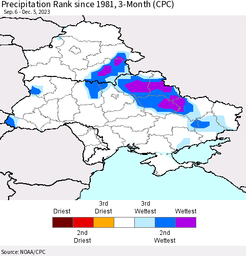 Ukraine, Moldova and Belarus Precipitation Rank since 1981, 3-Month (CPC) Thematic Map For 9/6/2023 - 12/5/2023