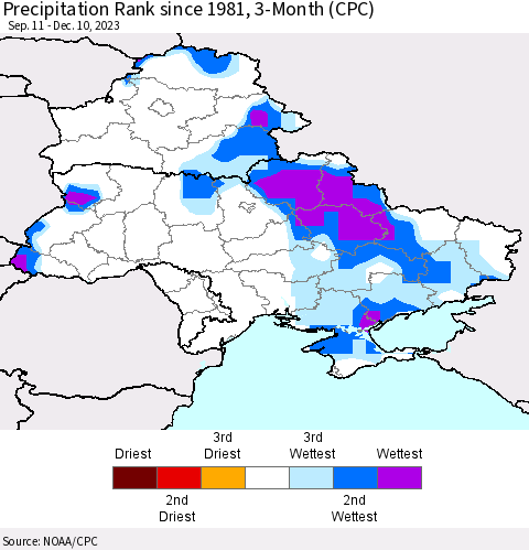 Ukraine, Moldova and Belarus Precipitation Rank since 1981, 3-Month (CPC) Thematic Map For 9/11/2023 - 12/10/2023
