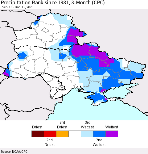 Ukraine, Moldova and Belarus Precipitation Rank since 1981, 3-Month (CPC) Thematic Map For 9/16/2023 - 12/15/2023