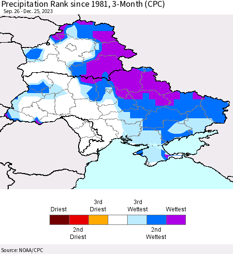 Ukraine, Moldova and Belarus Precipitation Rank since 1981, 3-Month (CPC) Thematic Map For 9/26/2023 - 12/25/2023