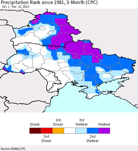 Ukraine, Moldova and Belarus Precipitation Rank since 1981, 3-Month (CPC) Thematic Map For 10/1/2023 - 12/31/2023