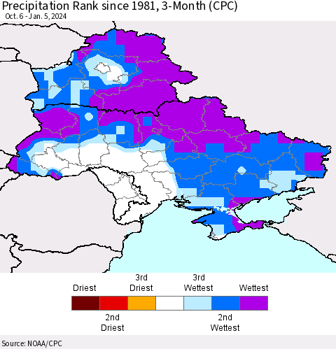 Ukraine, Moldova and Belarus Precipitation Rank since 1981, 3-Month (CPC) Thematic Map For 10/6/2023 - 1/5/2024