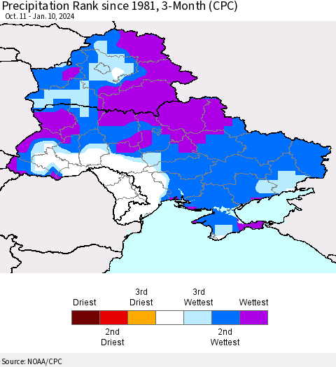 Ukraine, Moldova and Belarus Precipitation Rank since 1981, 3-Month (CPC) Thematic Map For 10/11/2023 - 1/10/2024