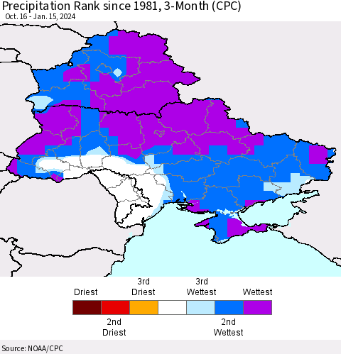 Ukraine, Moldova and Belarus Precipitation Rank since 1981, 3-Month (CPC) Thematic Map For 10/16/2023 - 1/15/2024