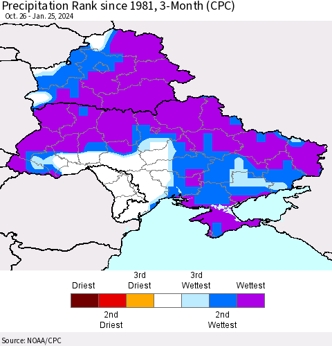 Ukraine, Moldova and Belarus Precipitation Rank since 1981, 3-Month (CPC) Thematic Map For 10/26/2023 - 1/25/2024