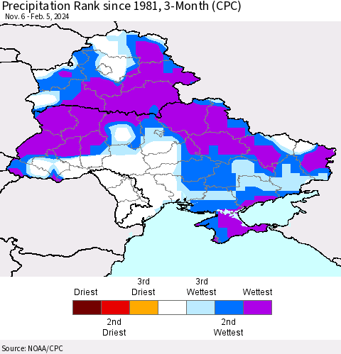 Ukraine, Moldova and Belarus Precipitation Rank since 1981, 3-Month (CPC) Thematic Map For 11/6/2023 - 2/5/2024