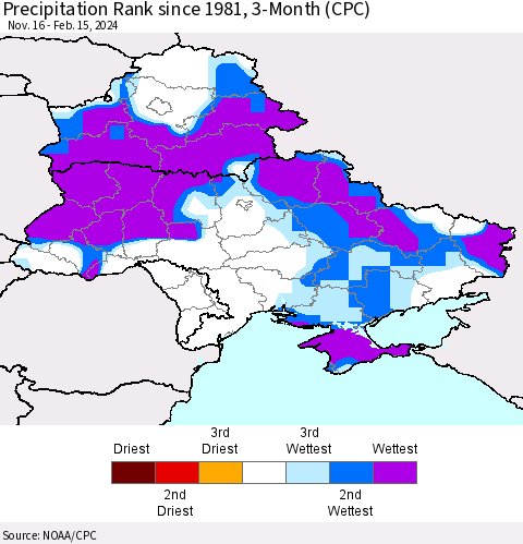 Ukraine, Moldova and Belarus Precipitation Rank since 1981, 3-Month (CPC) Thematic Map For 11/16/2023 - 2/15/2024