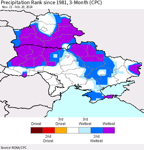 Ukraine, Moldova and Belarus Precipitation Rank since 1981, 3-Month (CPC) Thematic Map For 11/21/2023 - 2/20/2024