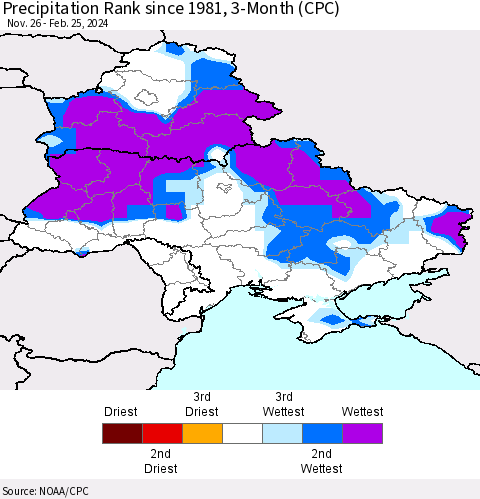Ukraine, Moldova and Belarus Precipitation Rank since 1981, 3-Month (CPC) Thematic Map For 11/26/2023 - 2/25/2024