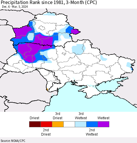 Ukraine, Moldova and Belarus Precipitation Rank since 1981, 3-Month (CPC) Thematic Map For 12/6/2023 - 3/5/2024