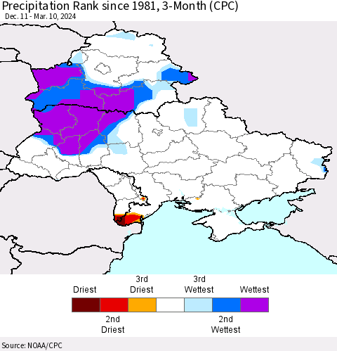 Ukraine, Moldova and Belarus Precipitation Rank since 1981, 3-Month (CPC) Thematic Map For 12/11/2023 - 3/10/2024
