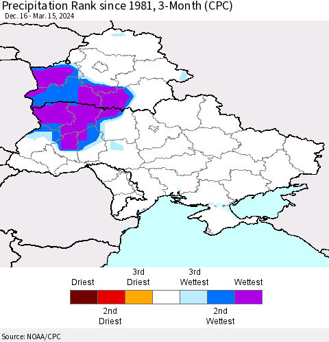 Ukraine, Moldova and Belarus Precipitation Rank since 1981, 3-Month (CPC) Thematic Map For 12/16/2023 - 3/15/2024