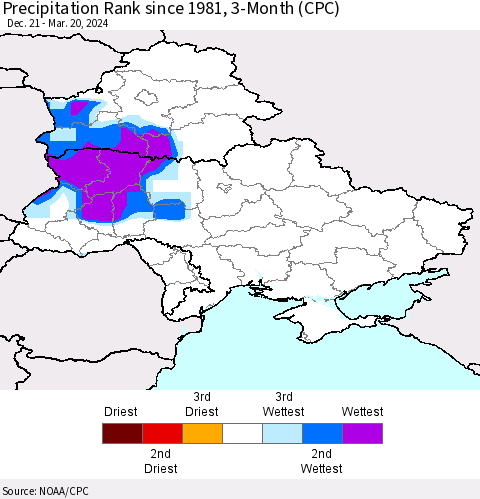 Ukraine, Moldova and Belarus Precipitation Rank since 1981, 3-Month (CPC) Thematic Map For 12/21/2023 - 3/20/2024