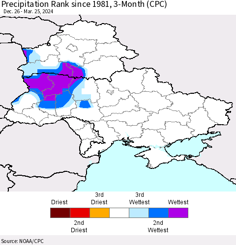 Ukraine, Moldova and Belarus Precipitation Rank since 1981, 3-Month (CPC) Thematic Map For 12/26/2023 - 3/25/2024
