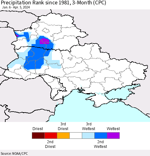 Ukraine, Moldova and Belarus Precipitation Rank since 1981, 3-Month (CPC) Thematic Map For 1/6/2024 - 4/5/2024