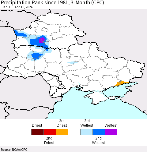 Ukraine, Moldova and Belarus Precipitation Rank since 1981, 3-Month (CPC) Thematic Map For 1/11/2024 - 4/10/2024