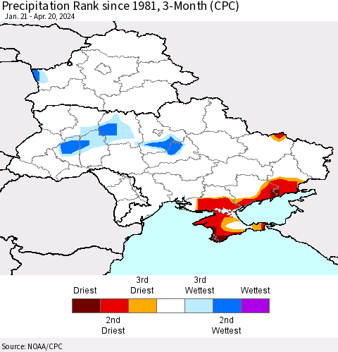 Ukraine, Moldova and Belarus Precipitation Rank since 1981, 3-Month (CPC) Thematic Map For 1/21/2024 - 4/20/2024