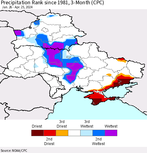 Ukraine, Moldova and Belarus Precipitation Rank since 1981, 3-Month (CPC) Thematic Map For 1/26/2024 - 4/25/2024