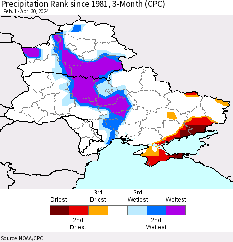 Ukraine, Moldova and Belarus Precipitation Rank since 1981, 3-Month (CPC) Thematic Map For 2/1/2024 - 4/30/2024