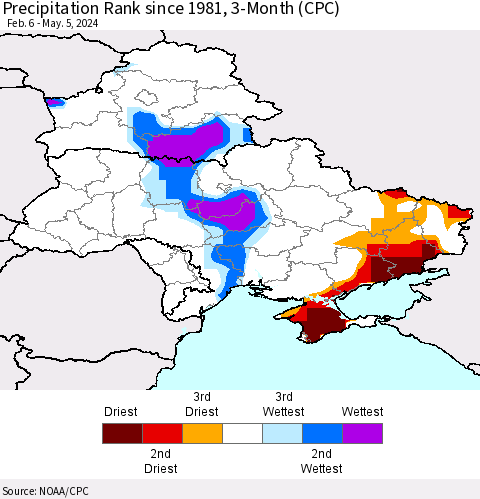 Ukraine, Moldova and Belarus Precipitation Rank since 1981, 3-Month (CPC) Thematic Map For 2/6/2024 - 5/5/2024