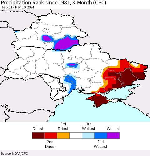 Ukraine, Moldova and Belarus Precipitation Rank since 1981, 3-Month (CPC) Thematic Map For 2/11/2024 - 5/10/2024