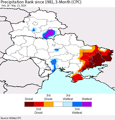 Ukraine, Moldova and Belarus Precipitation Rank since 1981, 3-Month (CPC) Thematic Map For 2/16/2024 - 5/15/2024