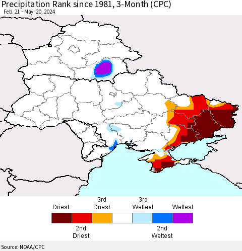 Ukraine, Moldova and Belarus Precipitation Rank since 1981, 3-Month (CPC) Thematic Map For 2/21/2024 - 5/20/2024
