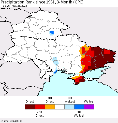 Ukraine, Moldova and Belarus Precipitation Rank since 1981, 3-Month (CPC) Thematic Map For 2/26/2024 - 5/25/2024