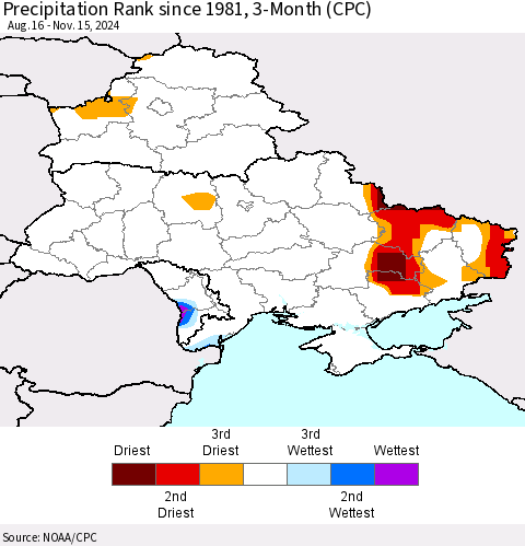 Ukraine, Moldova and Belarus Precipitation Rank since 1981, 3-Month (CPC) Thematic Map For 8/16/2024 - 11/15/2024
