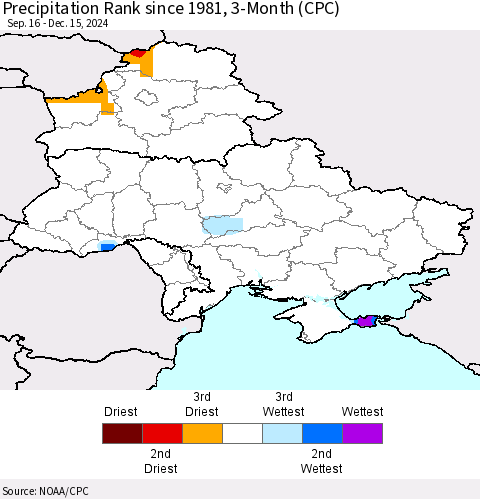 Ukraine, Moldova and Belarus Precipitation Rank since 1981, 3-Month (CPC) Thematic Map For 9/16/2024 - 12/15/2024