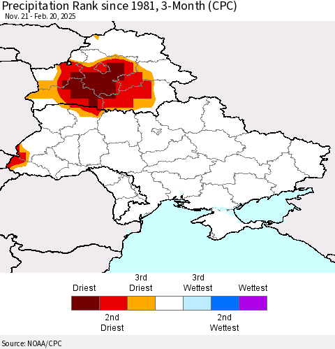Ukraine, Moldova and Belarus Precipitation Rank since 1981, 3-Month (CPC) Thematic Map For 11/21/2024 - 2/20/2025