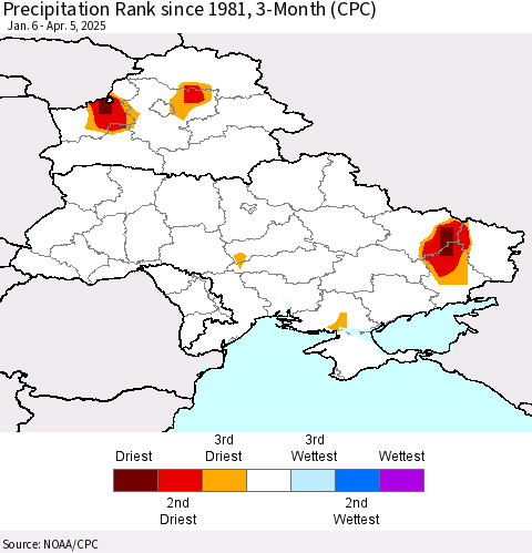 Ukraine, Moldova and Belarus Precipitation Rank since 1981, 3-Month (CPC) Thematic Map For 1/6/2025 - 4/5/2025